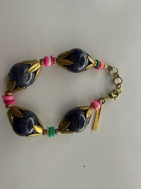Gold-Tone and Navy Bead Women's Bracelet with Pink & Green Accents